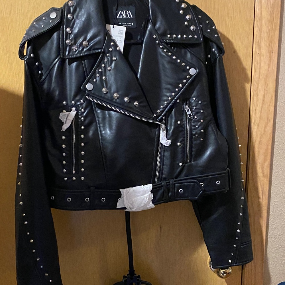 Zara Black Studded Faux Leather Biker Jacket